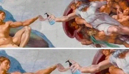 Renaissance painting with hand sanitizer.