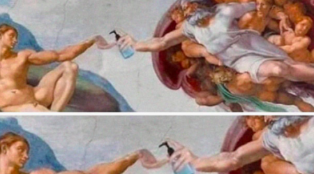 Renaissance painting with hand sanitizer.