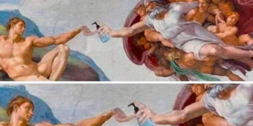 Renaissance painting with hand sanitizer.