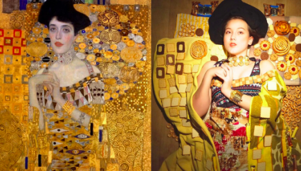 Woman recreating a painting using household objects.