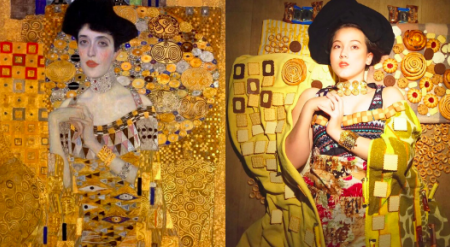 Woman recreating a painting using household objects.