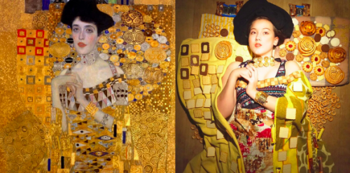 Woman recreating a painting using household objects.