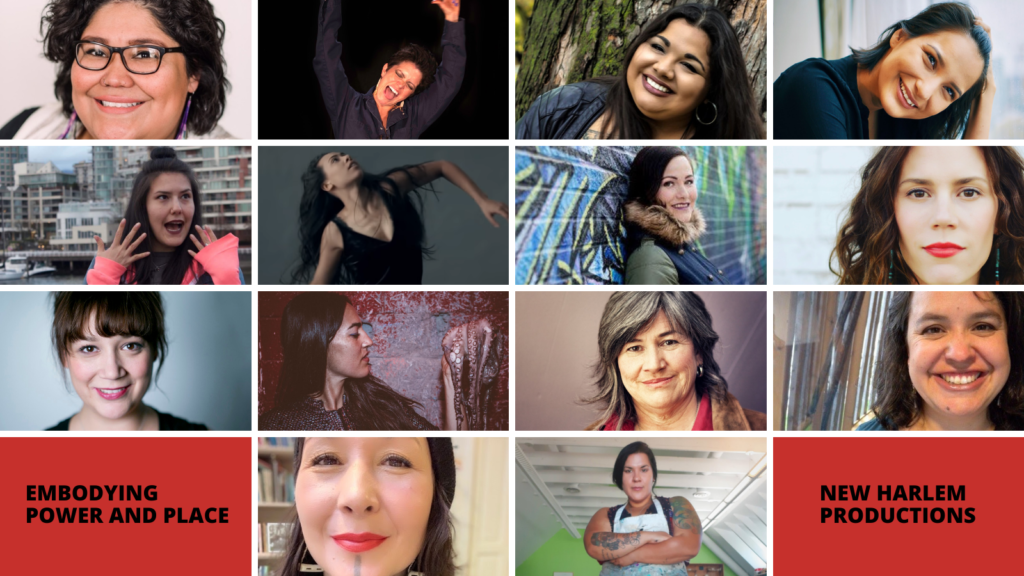 4 by 4 grid featuring 14 participants of Embodying Power and Place. Remaining squares read "Embodying Power and Place" and "New Harlem Productions."
