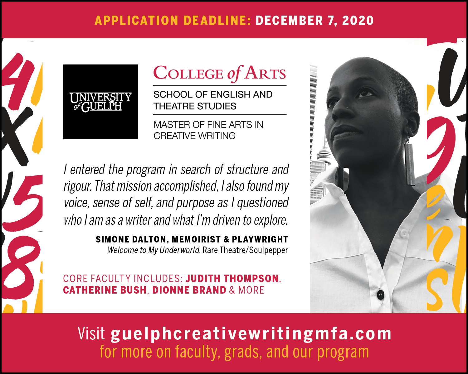 Image of memoirist and playwright Simone Dalton with a quote from them about the Guelph MFA cCreative Writing program. Application deadline December 7th.
