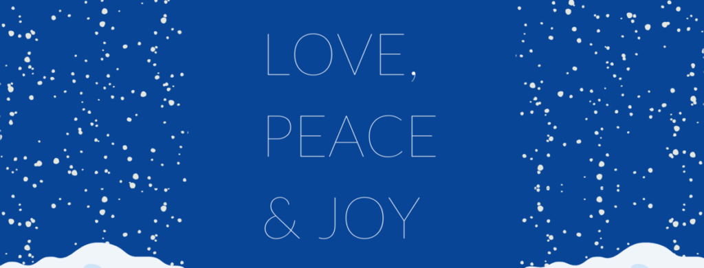 Text on a blue background reading "Love, Peace & Joy" with snow falling.
