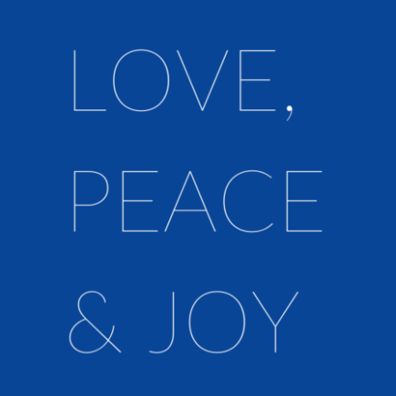 Text on a blue background reading "Love, Peace & Joy" with snow falling.