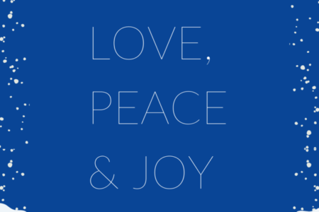 Text on a blue background reading "Love, Peace & Joy" with snow falling.