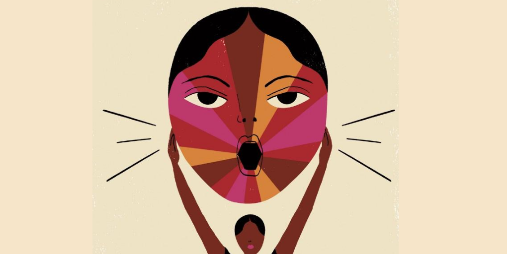 Illustration of a Black woman holding up a multicoloured face.