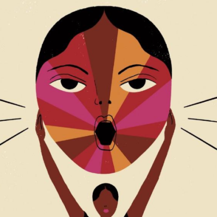 Illustration of a Black woman holding up a multicoloured face.