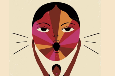 Illustration of a Black woman holding up a multicoloured face.