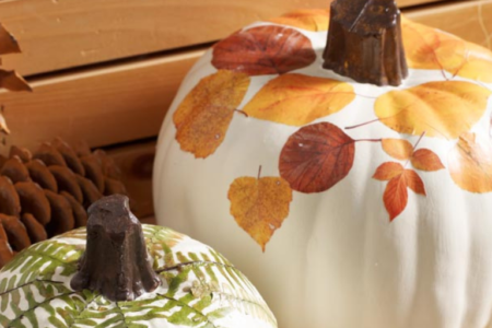 Two decorated white pumpkins.