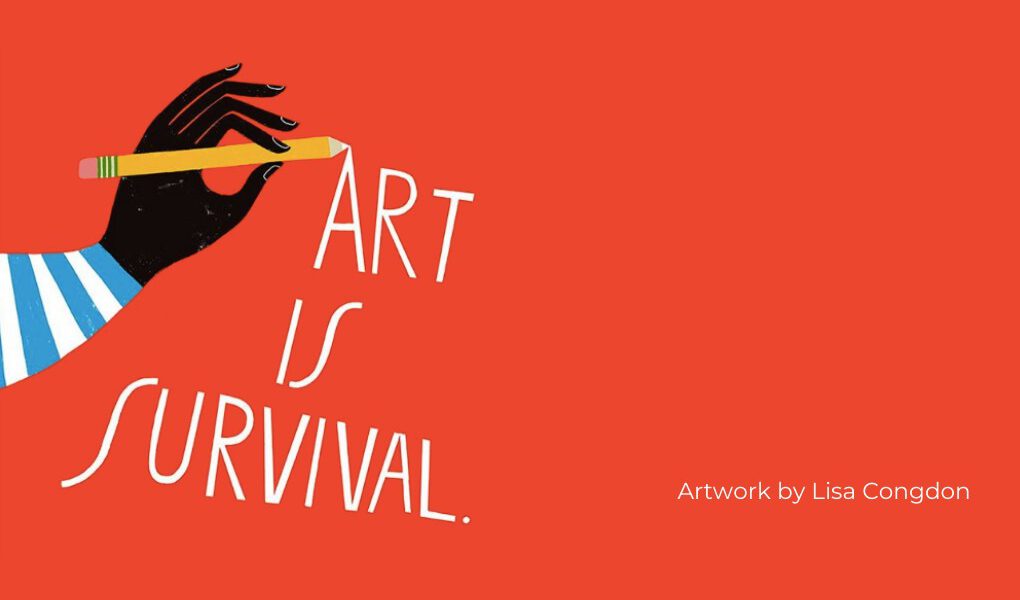 A hand writing "Art is Survival." Illustration.