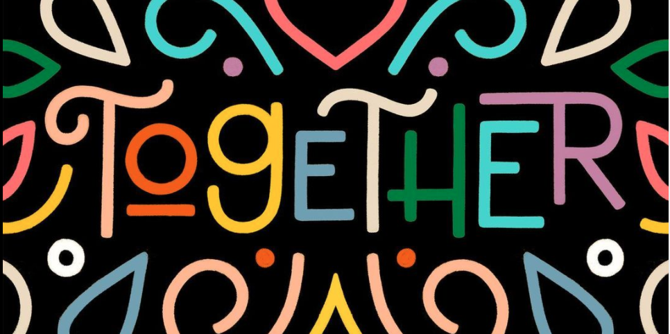 Colourful lines on black background surrounding the word "Together"