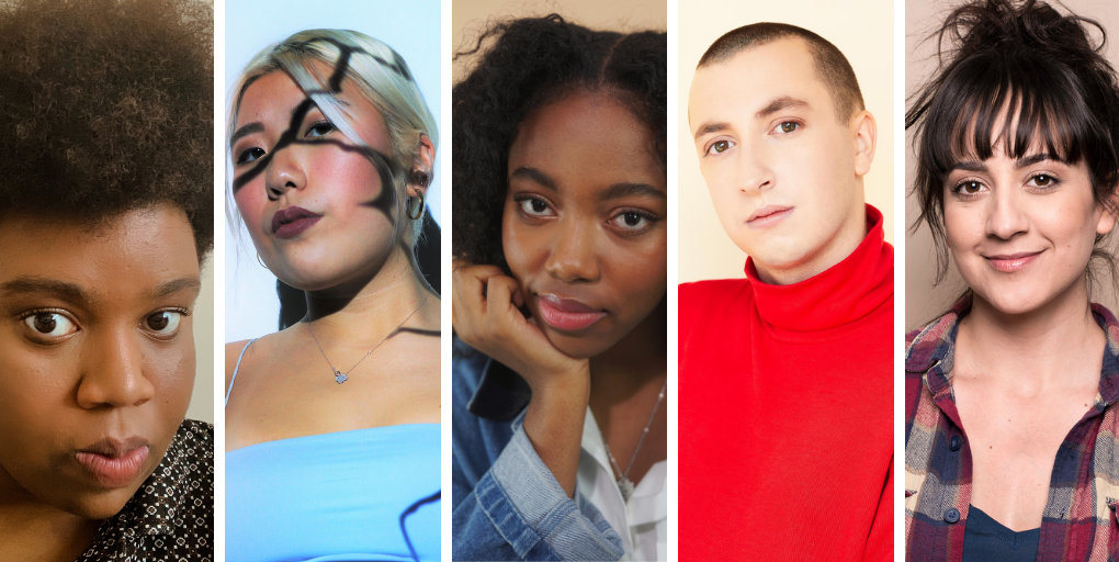 Headshots of WFTH playwrights. From left to right, Omolola Ajao, Stephanie Fung, Juliet Jones Rodney, Merlin Simard, and Jillian Welsh.