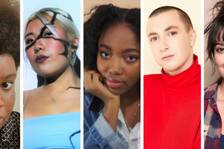 Headshots of WFTH playwrights. From left to right, Omolola Ajao, Stephanie Fung, Juliet Jones Rodney, Merlin Simard, and Jillian Welsh.