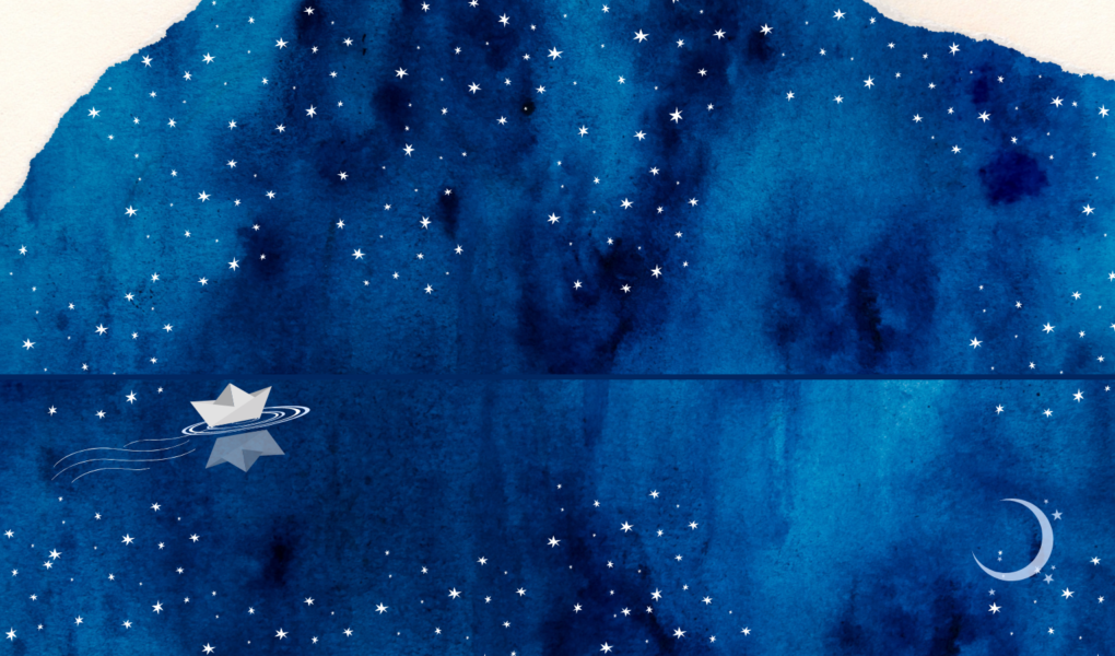 The image shows a paper boat sailing on a dark blue ocean with a dark blue sky above. The sky is full of stars that are reflected in the water, and there are paper tears at the top corners of the sky.