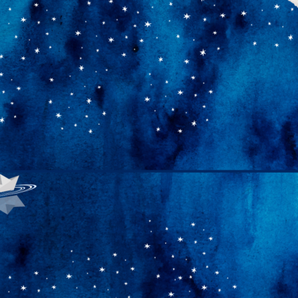 The image shows a paper boat sailing on a dark blue ocean with a dark blue sky above. The sky is full of stars that are reflected in the water, and there are paper tears at the top corners of the sky.