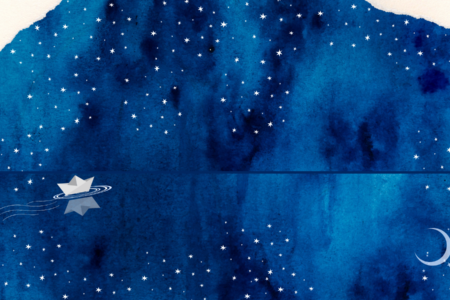 The image shows a paper boat sailing on a dark blue ocean with a dark blue sky above. The sky is full of stars that are reflected in the water, and there are paper tears at the top corners of the sky.