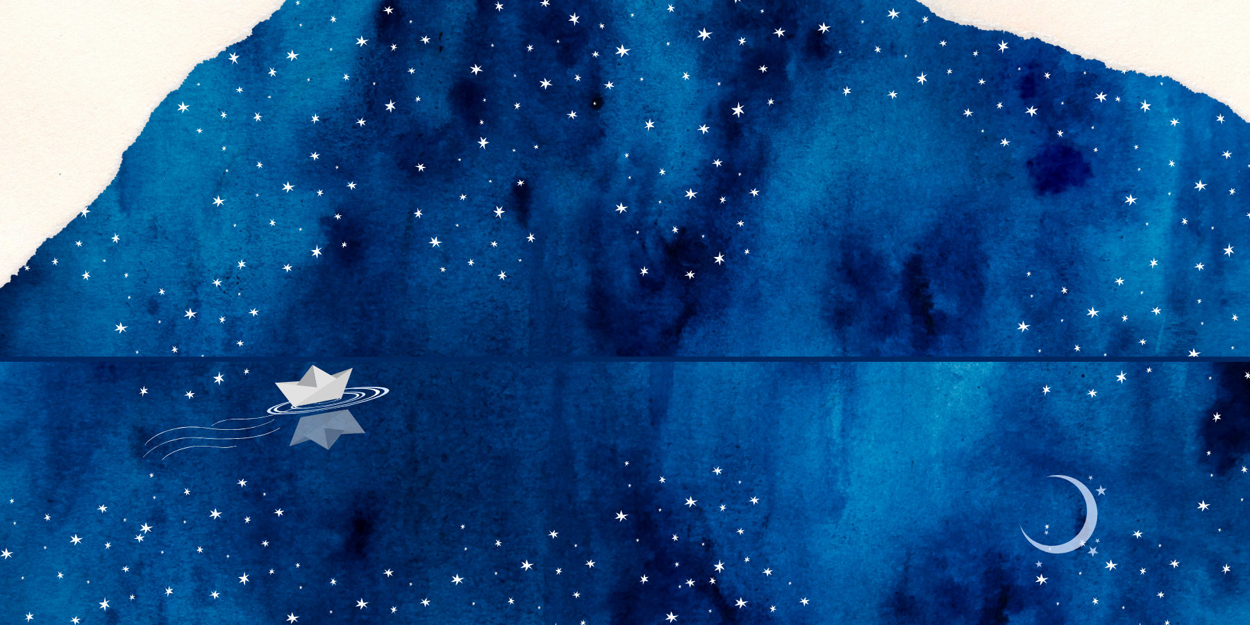 The image shows a paper boat sailing on a dark blue ocean with a dark blue sky above. The sky is full of stars that are reflected in the water, and there are paper tears at the top corners of the sky.