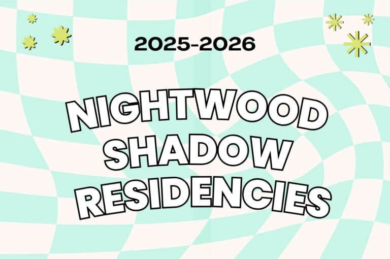 "2025-2026 Nightwood Shadow Residencies" in white text over a checkered-patterned background
