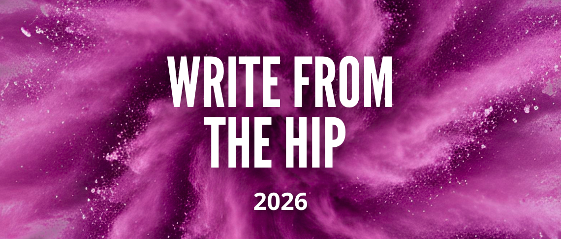 purple swirling paint background with the Write From The Hip title