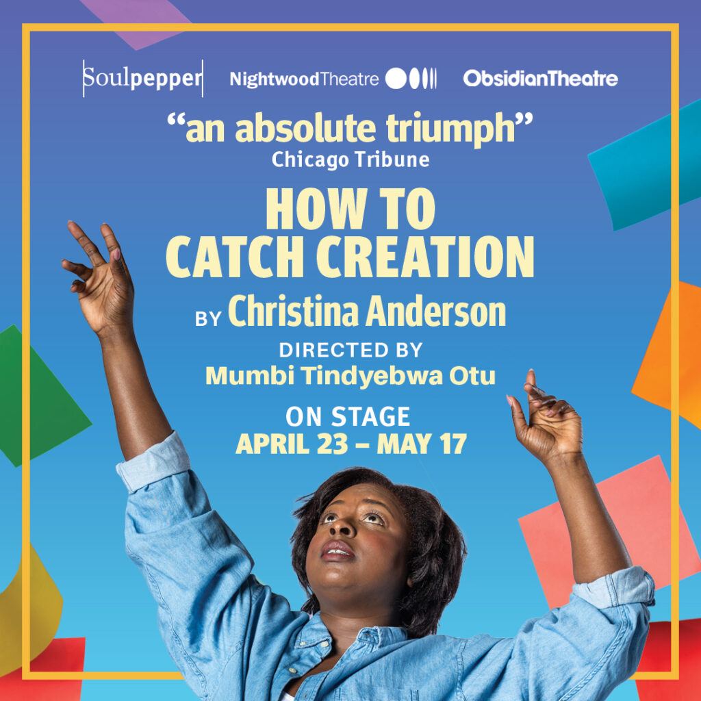 photo of a Black women in a denim top and jeans reaching up to catch colourful papers flying around her