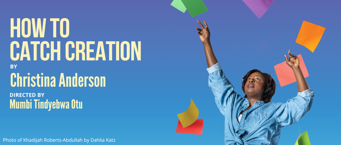 A Black woman wearing a denim top and jeans reaching up to catch one of the colourful papers flying around her.