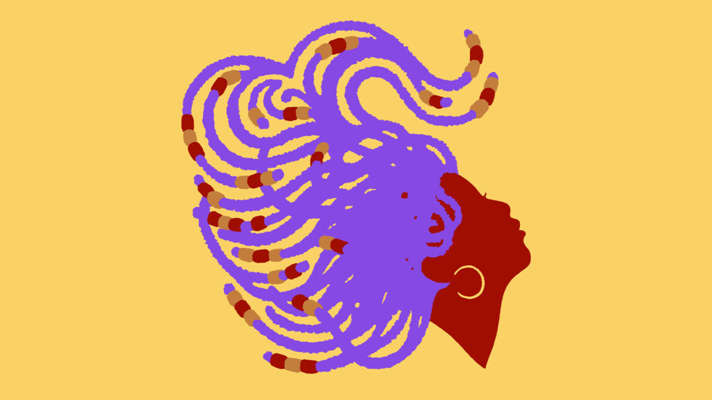 Illustration of a woman in profile with a gold hoop earring and long purple braids tipped with red and tan beads against a warm yellow background.