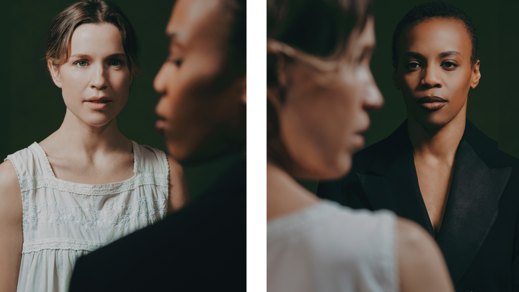 Diptych-style portrait of two women against a dark green background, with one woman facing the camera in each panel and the other shown out of focus in profile in the foreground.